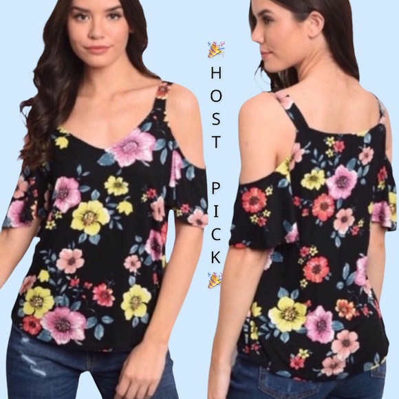 Tops - ❌DONATED❌Black Floral Cold Shoulder Short Flutter Sleeve V-neck Top